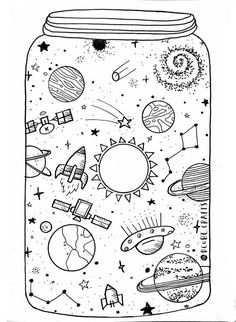 a jar filled with planets and stars coloring pages for kids to color on the outside