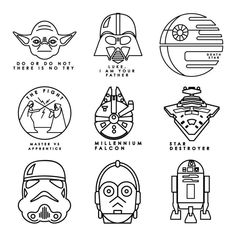 the star wars logos are shown in this black and white illustration, which includes characters from various