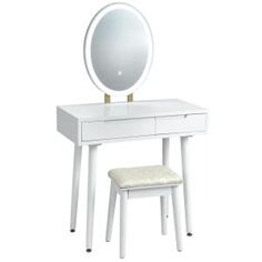 a white dressing table with a stool and a round mirror on it's side