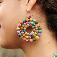 Up your earring game with this standout style! Three circular layers of colorful Kantha beads form this large statement hoop that’s topped with a single bead. Crafted from repurposed Sari and Kantha fabric, each is one-of-a-kind so exact colors will vary. Features nickel-free and lead-free French ear wires. Sustainably handmade by women artisans in India. Textile Earrings, Kantha Fabric, Fabric Earrings, Single Bead, Creative Jewelry, Women Artisans, Wire Earrings, Diy Fabric, Handmade Fashion