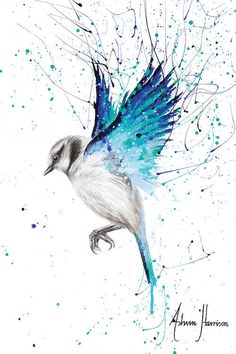 a drawing of a bird with blue wings and splatters on it's body