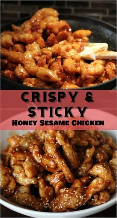 the recipe for crispy and sticky honey sesame chicken is shown in two different pictures