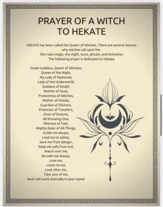 a prayer card with an image of a flower and the words prayer to hekate