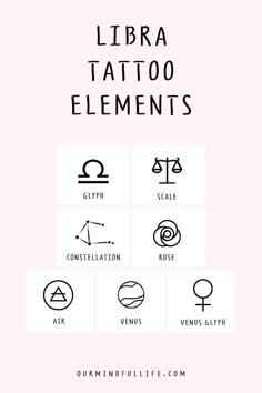 the libra tattoo elements are shown in black and white on a light pink background