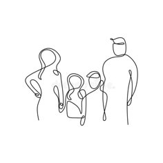 a line drawing of three people standing next to each other, with one person holding the child's hand