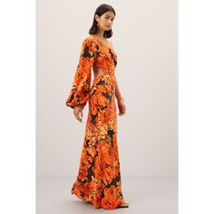 Orange Floral (100% Silk Crepe). Gowns. One Shoulder. Long Sleeve. Back zipper closure. Imported. Spring Gala Dress With Back Zipper, Fitted Floral Print Dinner Dress, Evening Maxi Dress With Back Zipper For Spring, Chic Fitted Gown With Floral Print, Shona Joy, Gold Statement Earrings, Rent The Runway, Closet Designs, Silk Crepe