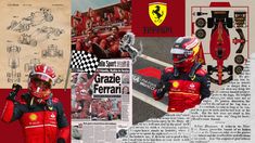 a collage of photos with red and black racing gear, including ferrari's car