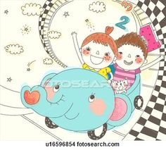 two children are riding on the back of an elephant in front of a checkered background