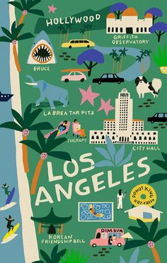 the los angeles illustrated map is shown in green and blue, with palm trees on both sides