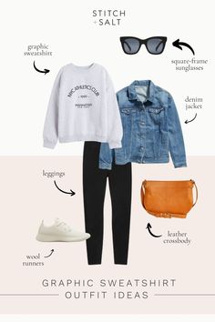 Six Graphic Sweatshirt Outfit Ideas For Spring - Stitch & Salt Spring Sweatshirt Outfit, Graphic Sweatshirt Outfit, Style A Graphic Tee, Black Sweatshirt Outfit, Sweatshirt Outfit Ideas, Winter Outfits 2024, Outfit Ideas For Spring, White Joggers, Outfits To Recreate