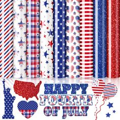 the fourth of july paper pack includes red, white and blue patriotic patterns with stars