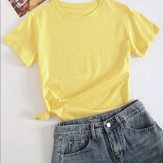 Brand New! Casual Plain T-shirt For Spring, Plain Yellow Top For Spring, Basic Plain T-shirt For Spring, Simple Solid T-shirt For Spring, Solid Plain T-shirt For Spring, Solid Color Plain T-shirt For Spring, Yellow T-shirt For Everyday Spring Wear, Yellow T-shirt For Spring, Basic Yellow T-shirt For Spring