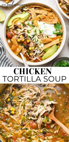 chicken tortilla soup in a white bowl with spoons on the side and an overhead photo