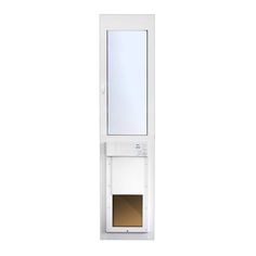 a white bathroom cabinet with a mirror above it and a dog door on the side