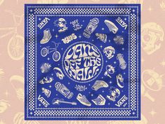 a blue bandana with various items on it and the words save the world written in white