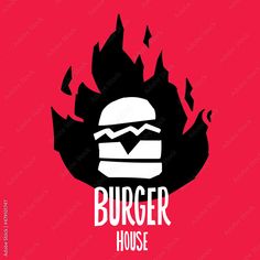 the burger house logo on a pink background with black and white flames coming out of it