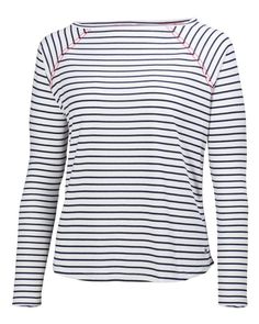 a women's top with long sleeves and striped pattern on the chest, in white and