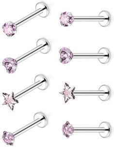 six pairs of surgical steel barbells with pink crystal stars on each one side