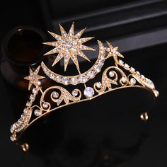 Celestial Rhinestone CrownBeautiful crown for all celestial body lovers. Luxury Celestial Necklaces For Wedding, Luxury Celestial Moon Jewelry, Luxury Celestial Jewelry For Formal Occasions, Girls Tiara, Bridal Wedding Hair, Diamond Tiara, Rhinestone Crown, Head Jewelry, Crystal Tiaras