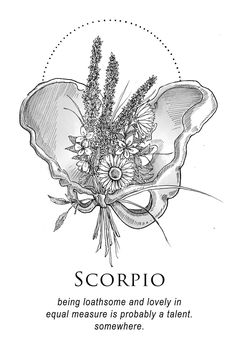 a black and white drawing of a flower with the words scorpio on it