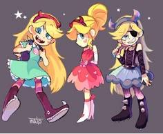 three cartoon girls with different outfits and hair