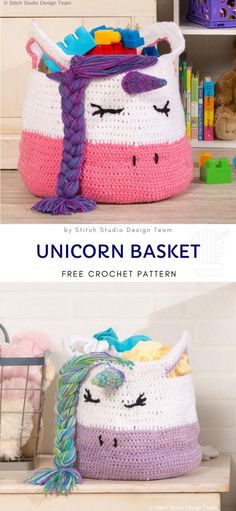 a crocheted unicorn basket is shown with the text, free crochet pattern