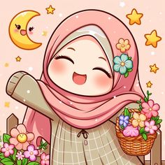 a cartoon character wearing a hijab and holding a basket with flowers in it