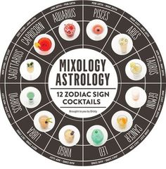 an astrology wheel with twelve zodiac signs in the center and eight different drinks on each side