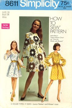 Simplicity 8611 Mod Era Gogo Dress w Elastic Waist, Mini Dress Sz 16 COMPLETE Party Dress Patterns, Gogo Dress, Mod Dress 60s, Simplicity Patterns Dresses, 60s And 70s Fashion, Simplicity Dress, 60s Mod, High Waist Dress, Retro Mode