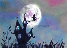 a drawing of a witch flying over a house with the moon in the sky behind it