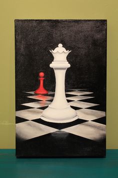 a painting of a chess piece on a black and white checkerboard floor with a red pawn