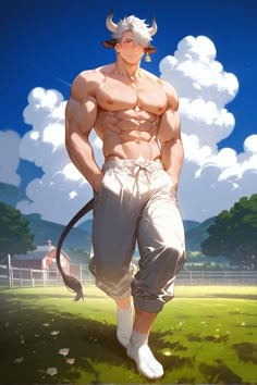 an anime character standing in the grass with his hands on his hips and one hand on his hip