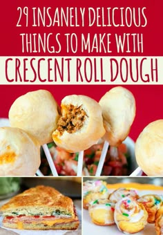 different types of food on sticks with text overlay that reads 29 insanely delicious things to make with crescent roll dough