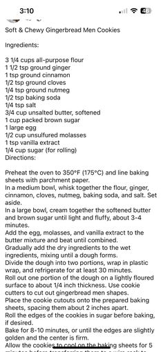 the recipe for soft and chewy gingerbread men's cookies is shown in black