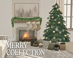 a living room with a christmas tree and presents in front of the fire place that reads, the merry collection