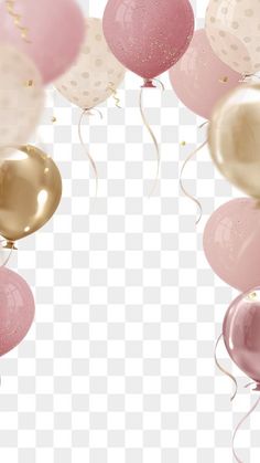 pink and gold balloons flying in the air with confetti, hd png