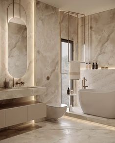 an elegant bathroom with marble walls and flooring, large bathtub in the middle