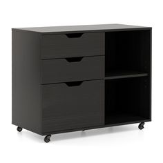 a black cabinet with three drawers and wheels on the bottom shelf is shown in front of a white background