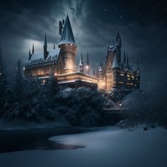 hogwarts castle lit up at night in the snow