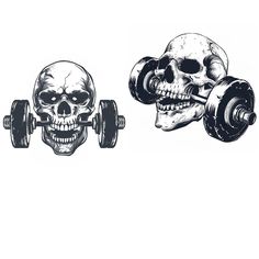 two skulls with dumbbells on their backs