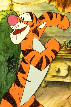 the cartoon tigger is dancing in front of a dresser