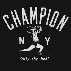 a black shirt with the words champion on it and an image of a woman holding a barbell