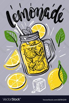 lemonade in a mason jar with limes and leaves on the table hand drawn