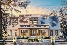 this is an artist's rendering of a large house in the winter with snow on the ground