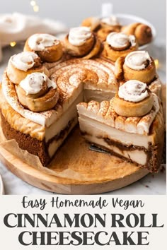 an easy homemade vegan cinnamon roll cheesecake