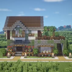 You can watch the tutorial on my Youtube channel. Mind Craft Houses, Mind Craft House, Cute Minecraft Homes Tutorial, Minecraft Farmhouse Layout, Minecraft Wood House Ideas, Minecraft Houses Spruce, Cute Minecraft Homes, Minecraft House Cottage, Cute Simple Minecraft Houses