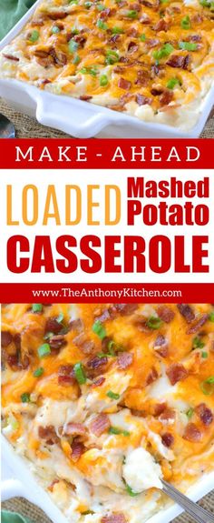 loaded mashed potato casserole with bacon and green onions in a white baking dish