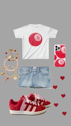 a pair of shorts, t - shirt and sneakers are arranged in the shape of hearts