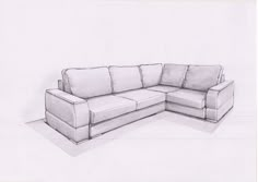 a drawing of a couch with pillows on the back and armrests, in front of a white wall