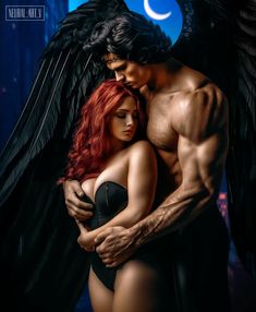 an image of a man hugging a woman with wings on her chest and the moon in the background